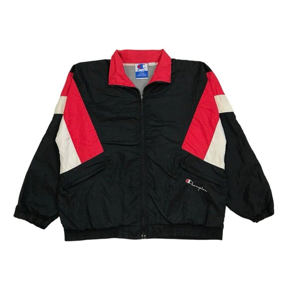 VINTAGE CHAMPION WINDBREAKER LARGE L MENS BLACK SWEATSHIRT JACKET SCRIPT LOGO - Picture 1 of 5